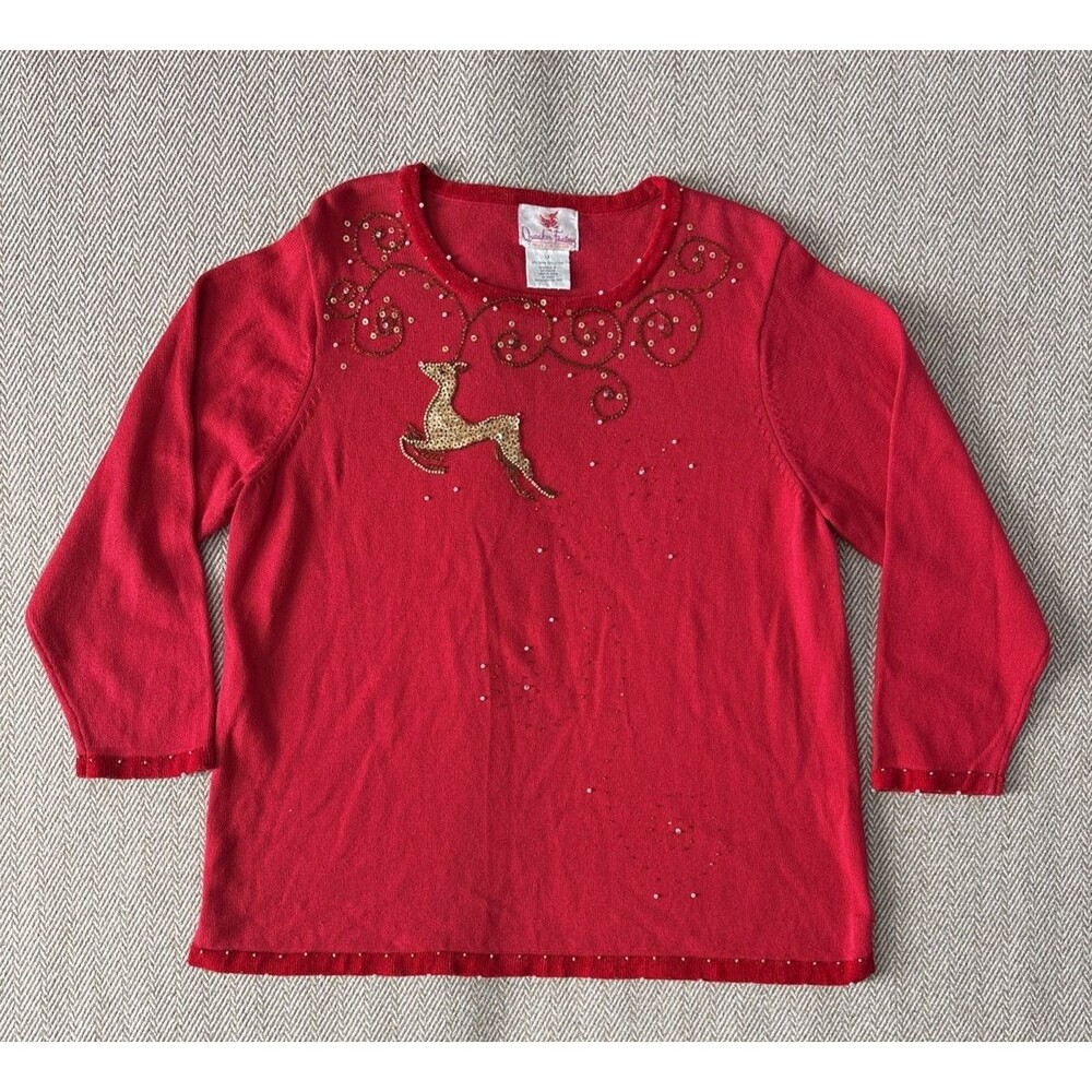 Quacker Factory‎ Red Sequin Gold Reindeer Size Large Christmas Holiday